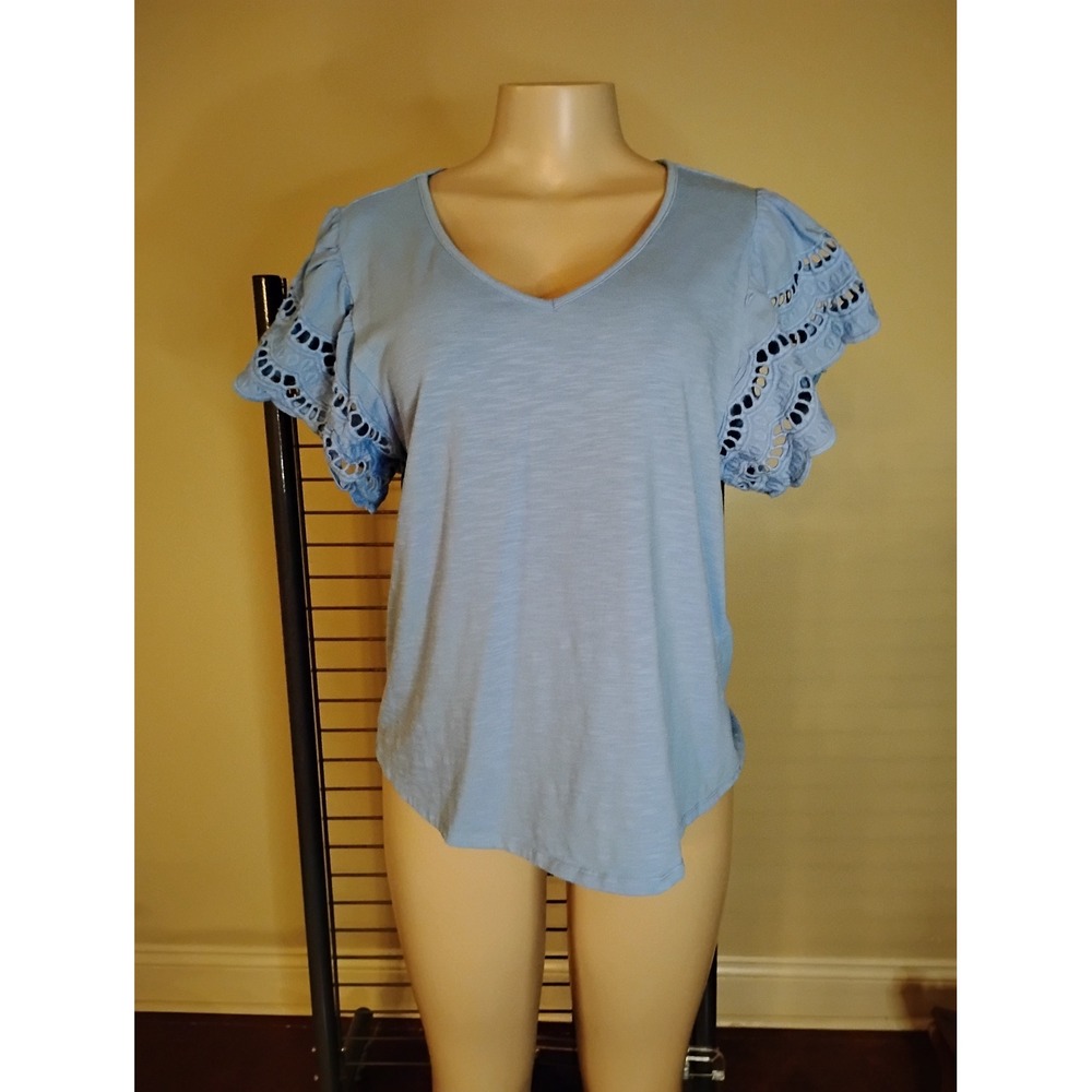 CURE. Womens Light Blue Eyelet Lace Flutter Sleeve V-Neck Slub Knit Top M2-2936